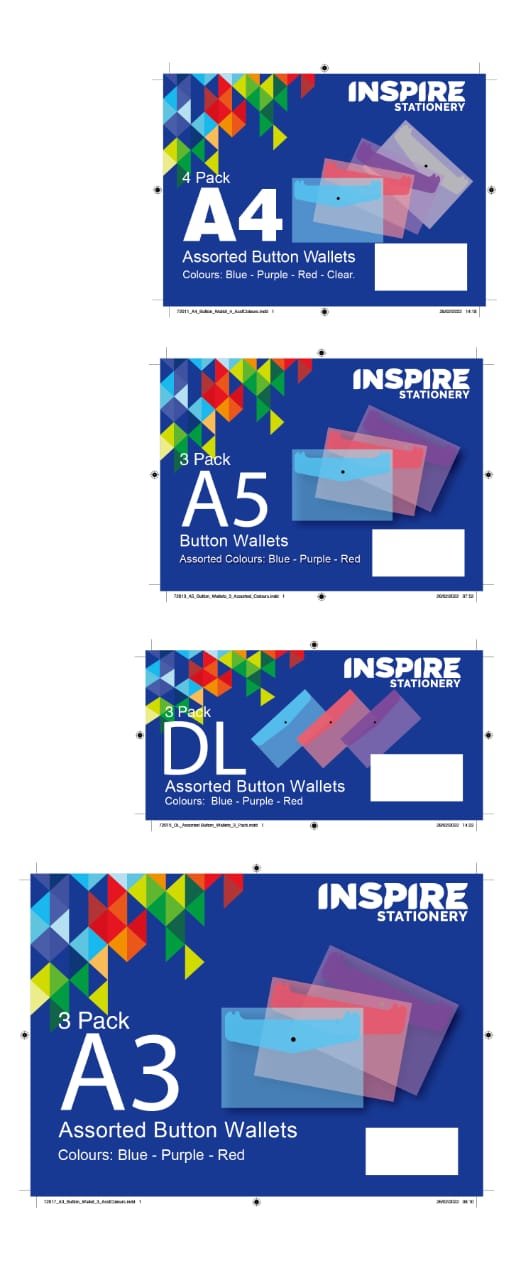 A3 Button Wallet Assorted Colours (3pk)